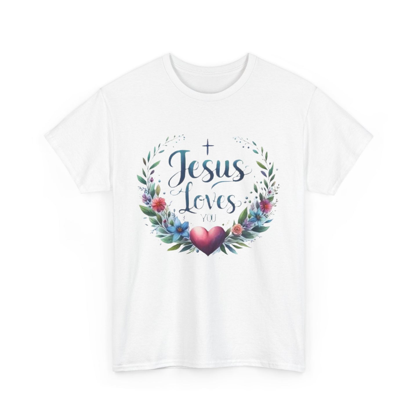 JESUS LOVES YOU - Unisex Heavy Cotton Tee - Floral Design, Comfortable & Inspirational