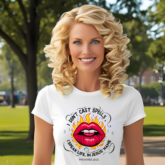 Inspirational Graphic Tee - "I Don't Cast Spells, I Speak Life in Jesus' Name"