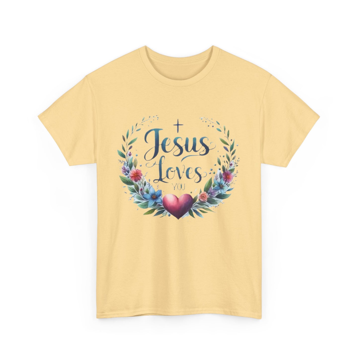 JESUS LOVES YOU - Unisex Heavy Cotton Tee - Floral Design, Comfortable & Inspirational