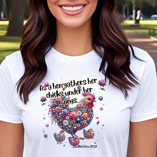 Under His Wings" Jeweled Chicken Tee – Matthew 23:37