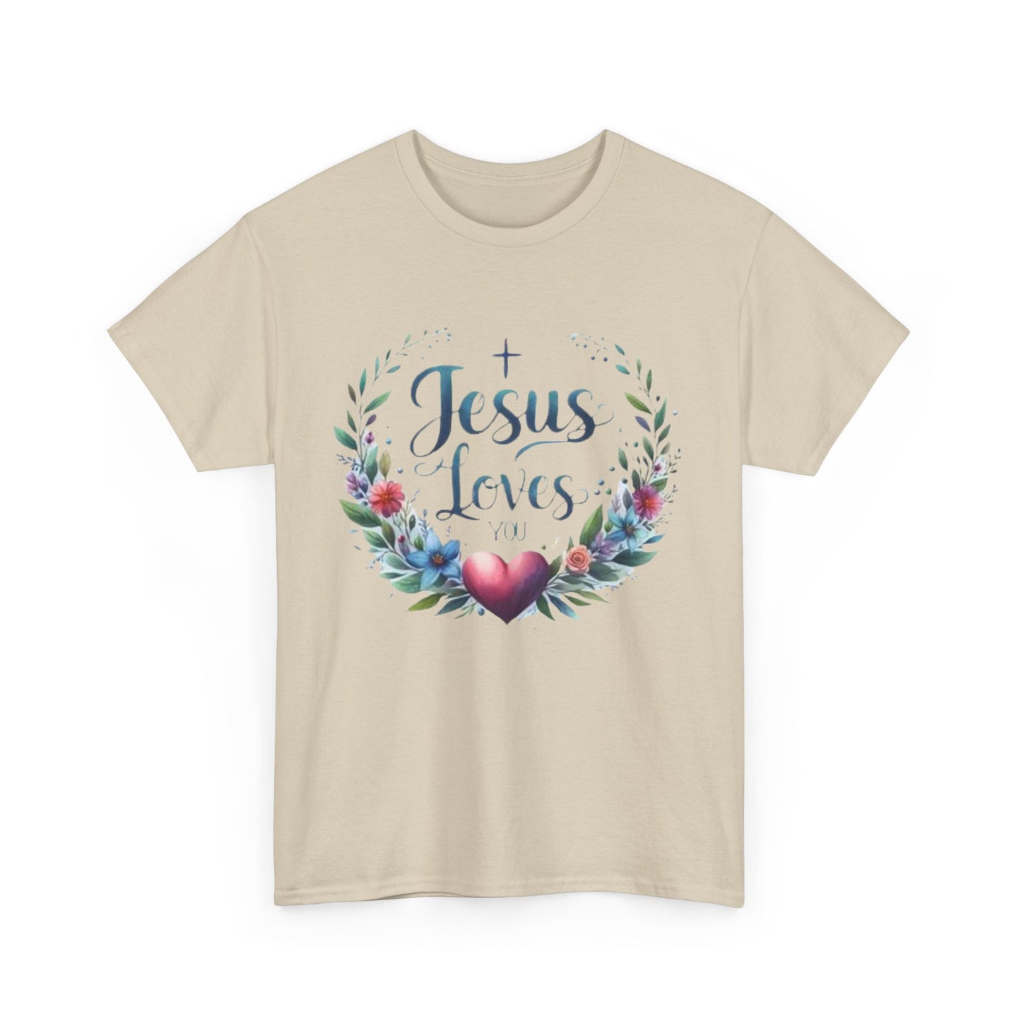JESUS LOVES YOU - Unisex Heavy Cotton Tee - Floral Design, Comfortable & Inspirational